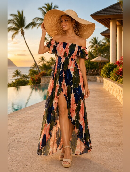 VENUS Dresses & Skirts - Venus Tropical Leaf Print Off Shoulder High Low Maxi Dress M Resort Vacation